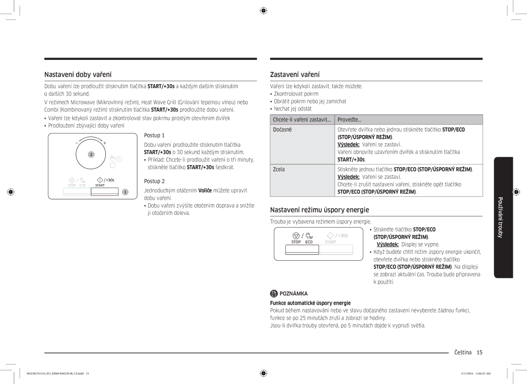 Samsung MG23K3515AS/EG, MG23K3515AS/ET manual Nastavení doby vaření, Zastavení vaření, Nastavení režimu úspory energie 