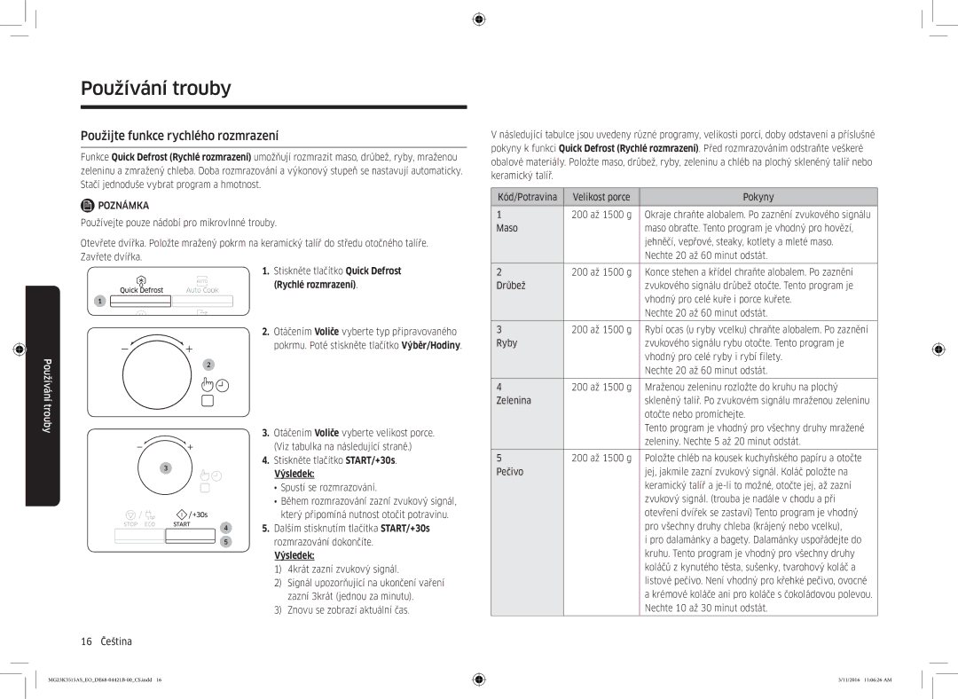 Samsung MG23K3515AS/ET, MG23K3515AS/EG, MG23K3515AS/EO Použijte funkce rychlého rozmrazení, Rychlé rozmrazení, Výsledek 