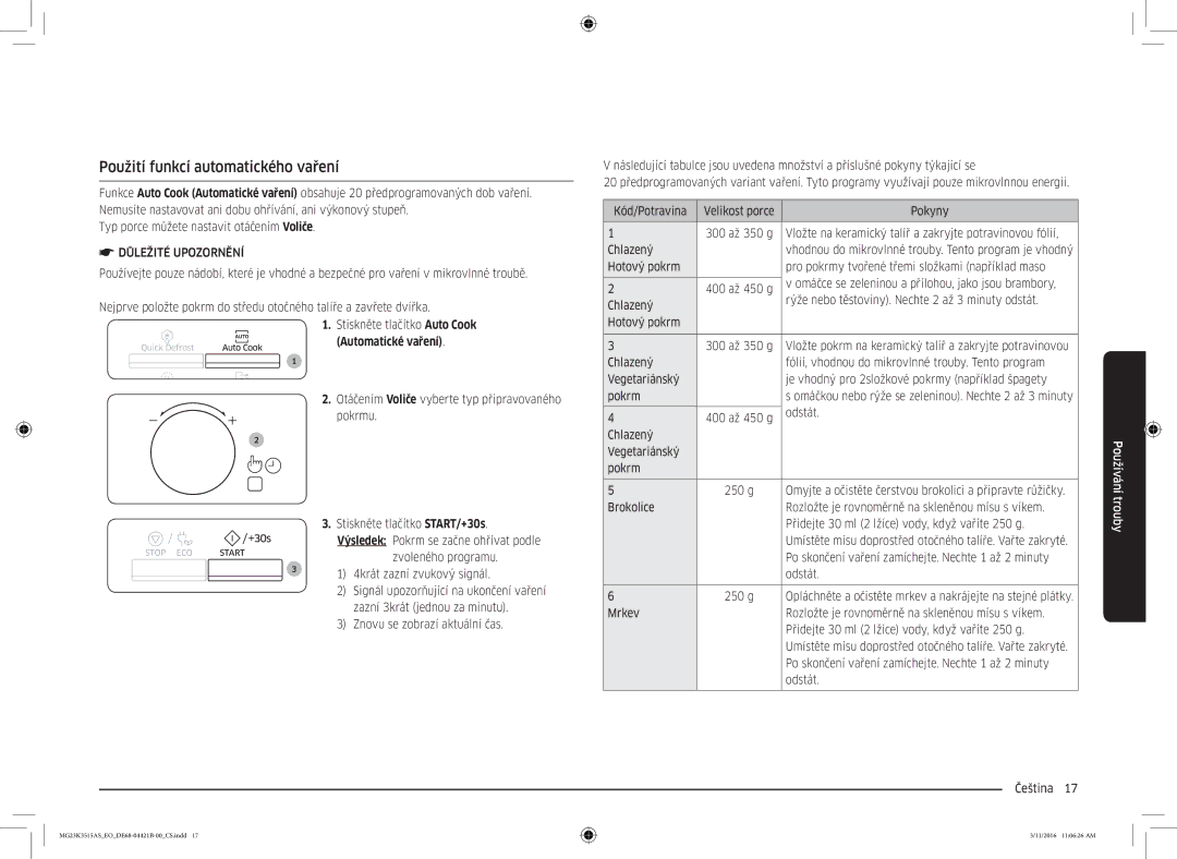 Samsung MG23K3515AS/EO, MG23K3515AS/EG, MG23K3515AS/ET manual Použití funkcí automatického vaření, Automatické vaření 