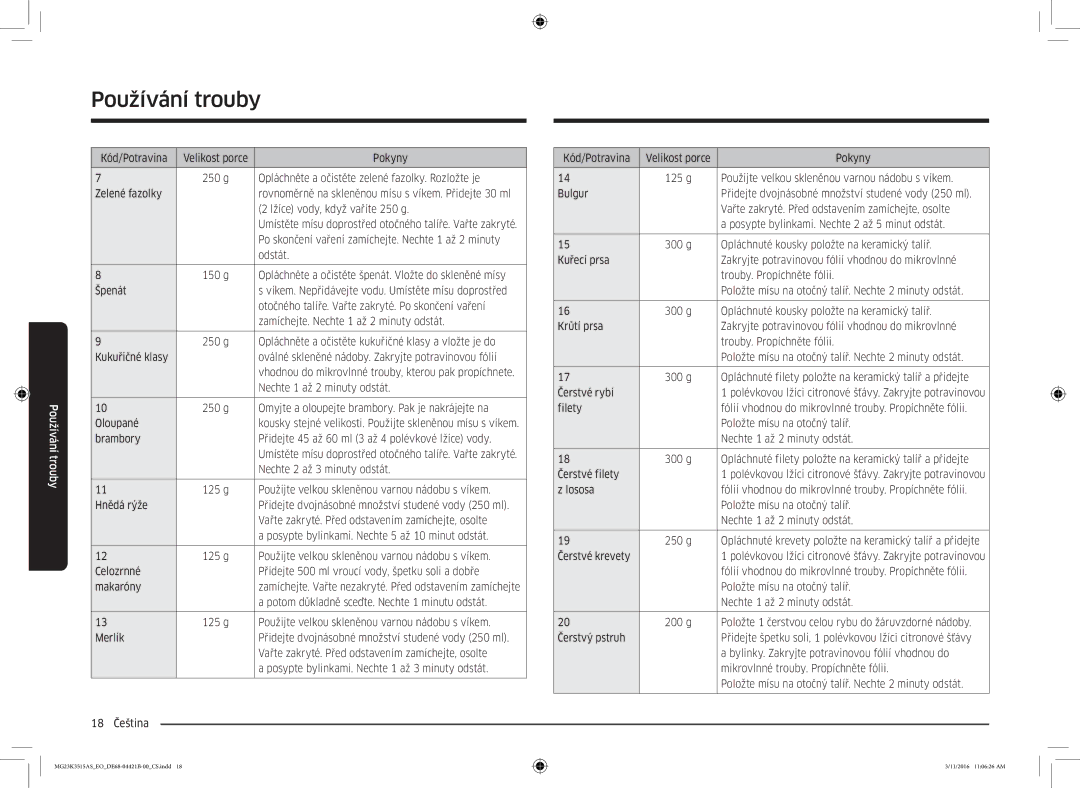 Samsung MG23K3515AS/EG manual Nechte 1 až 2 minuty odstát, Brambory Přidejte 45 až 60 ml 3 až 4 polévkové lžíce vody 