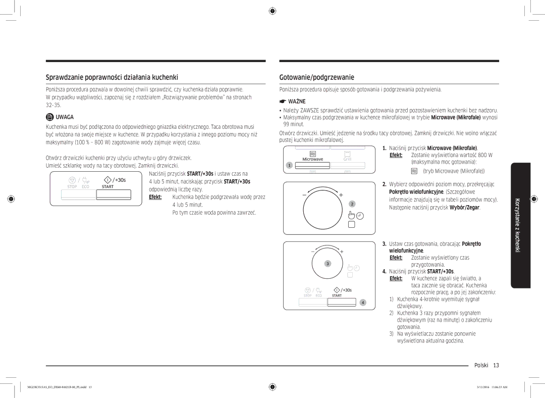 Samsung MG23K3515AS/ET manual Sprawdzanie poprawności działania kuchenki, Gotowanie/podgrzewanie, Wielofunkcyjne Efekt 