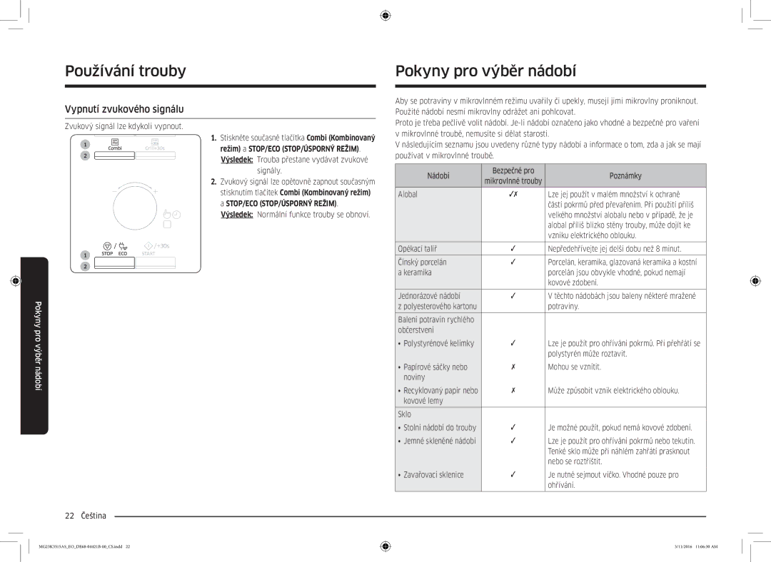 Samsung MG23K3515AS/ET, MG23K3515AS/EG, MG23K3515AS/EO manual Pokyny pro výběr nádobí, Vypnutí zvukového signálu 