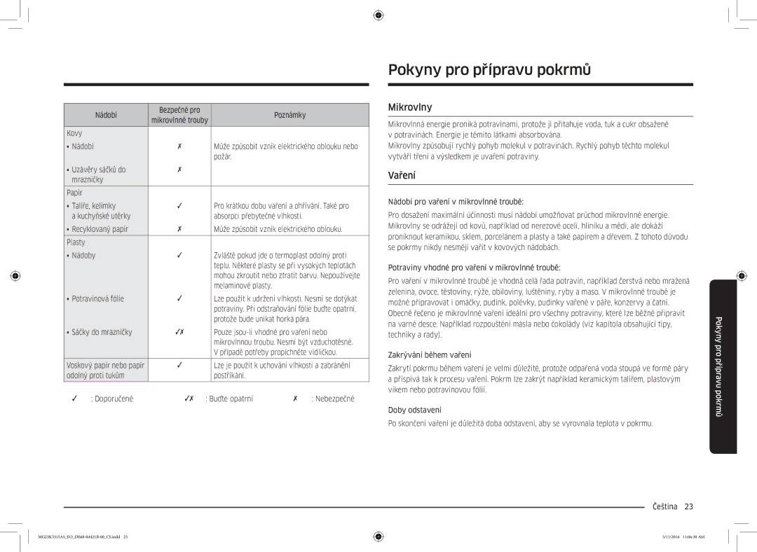 Samsung MG23K3515AS/EO, MG23K3515AS/EG, MG23K3515AS/ET manual Pokyny pro přípravu pokrmů, Mikrovlny, Vaření 