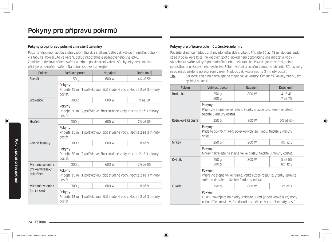 Samsung MG23K3515AS/EG manual Pokyny pro přípravu pokrmů z mražené zeleniny, Pokyny pro přípravu pokrmů z čerstvé zeleniny 