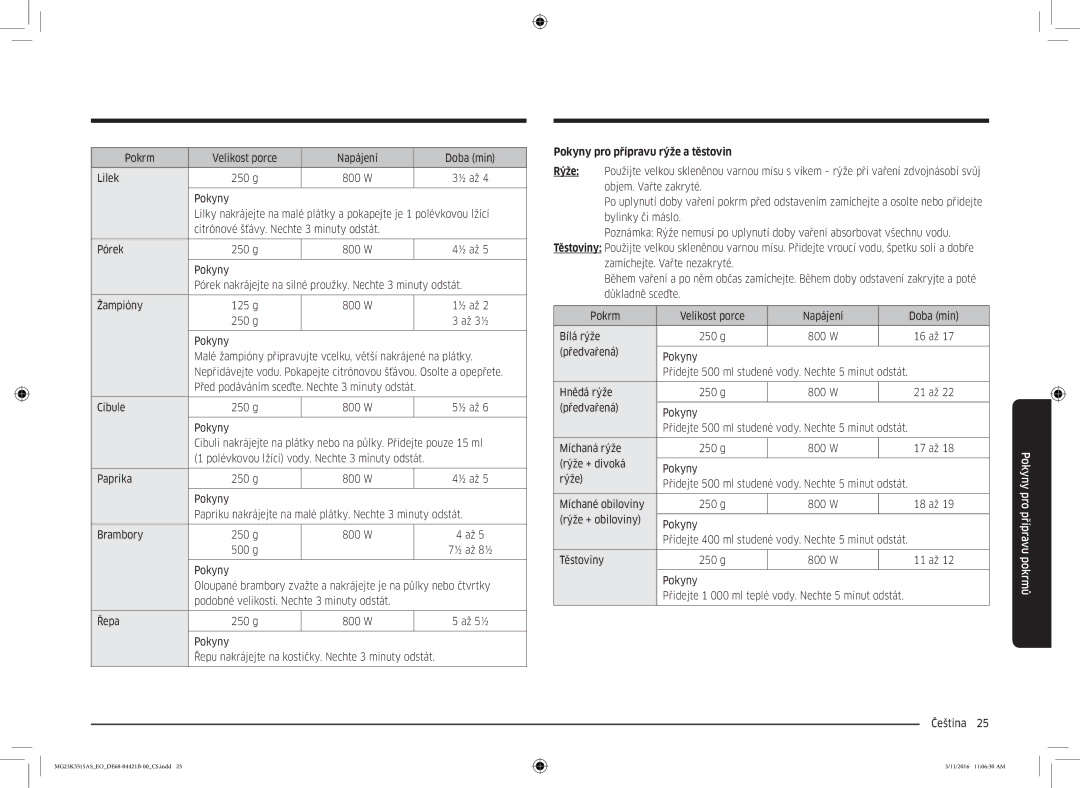 Samsung MG23K3515AS/ET, MG23K3515AS/EG, MG23K3515AS/EO manual Pokyny pro přípravu rýže a těstovin 