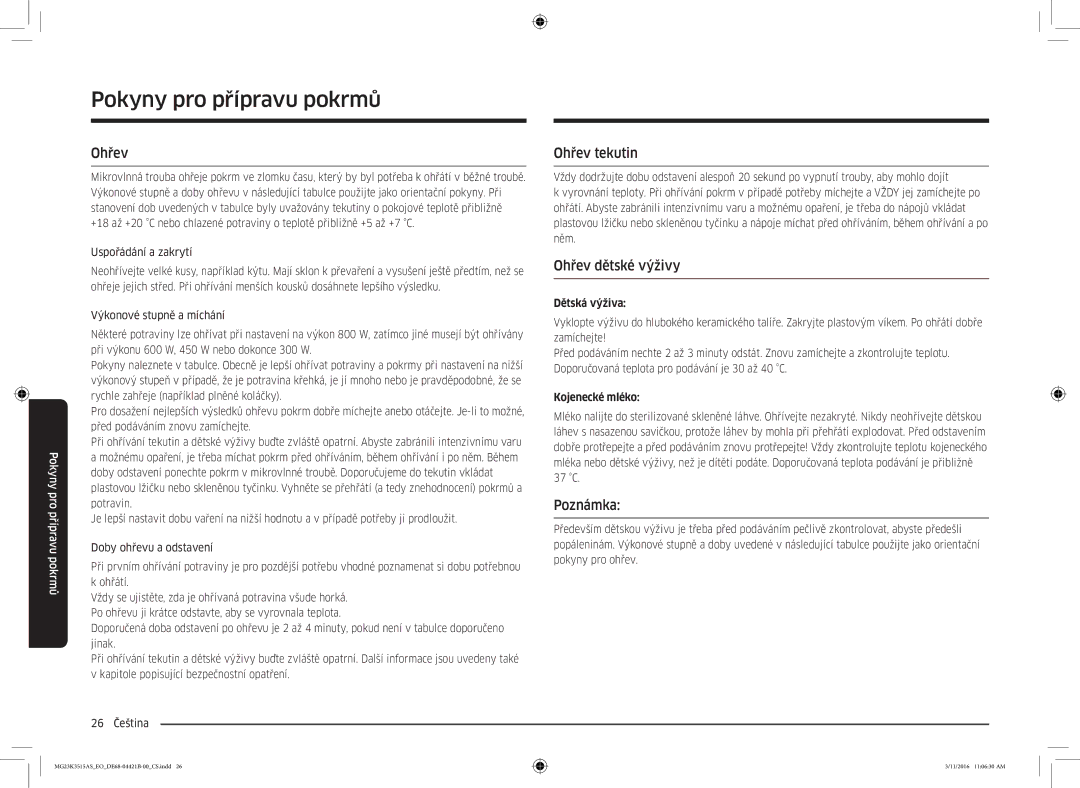 Samsung MG23K3515AS/EO, MG23K3515AS/EG manual Ohřev tekutin, Ohřev dětské výživy, Dětská výživa, Kojenecké mléko 