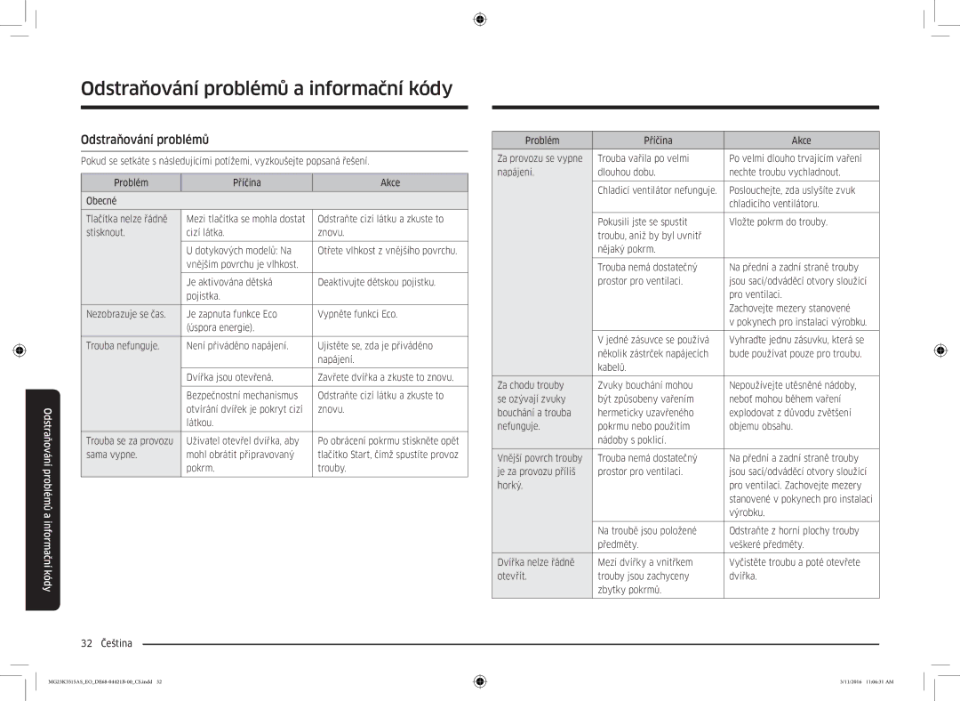 Samsung MG23K3515AS/EO, MG23K3515AS/EG, MG23K3515AS/ET manual Odstraňování problémů a informační kódy 