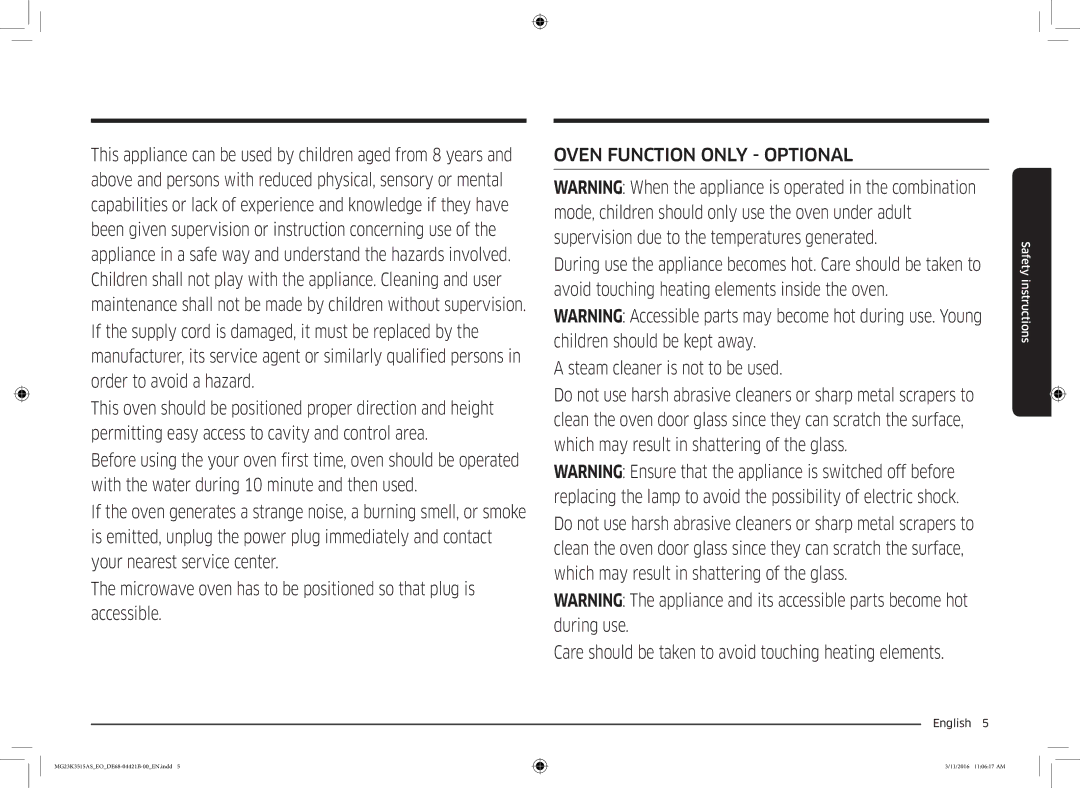 Samsung MG23K3515AS/EO, MG23K3515AS/EG, MG23K3515AS/ET manual Oven Function only Optional 