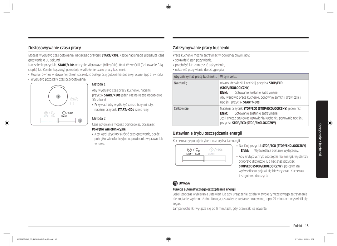 Samsung MG23K3515AS/EG Dostosowywanie czasu pracy, Zatrzymywanie pracy kuchenki, Ustawianie trybu oszczędzania energii 