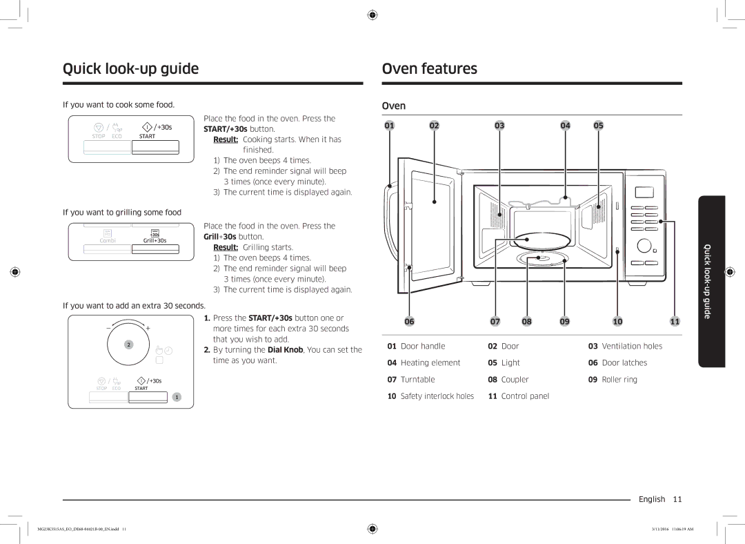 Samsung MG23K3515AS/EO, MG23K3515AS/EG, MG23K3515AS/ET Quick look-up guide, Oven features, Door handle Ventilation holes 