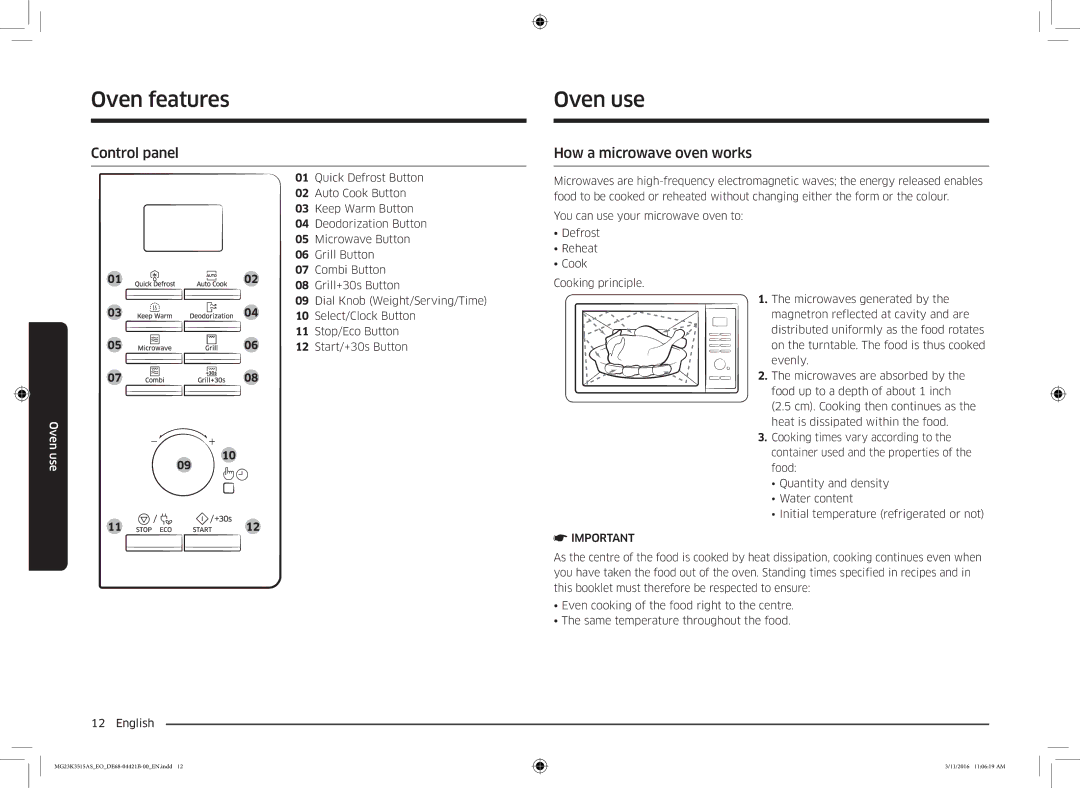 Samsung MG23K3515AS/EG, MG23K3515AS/ET, MG23K3515AS/EO manual Oven use, Control panel, How a microwave oven works 