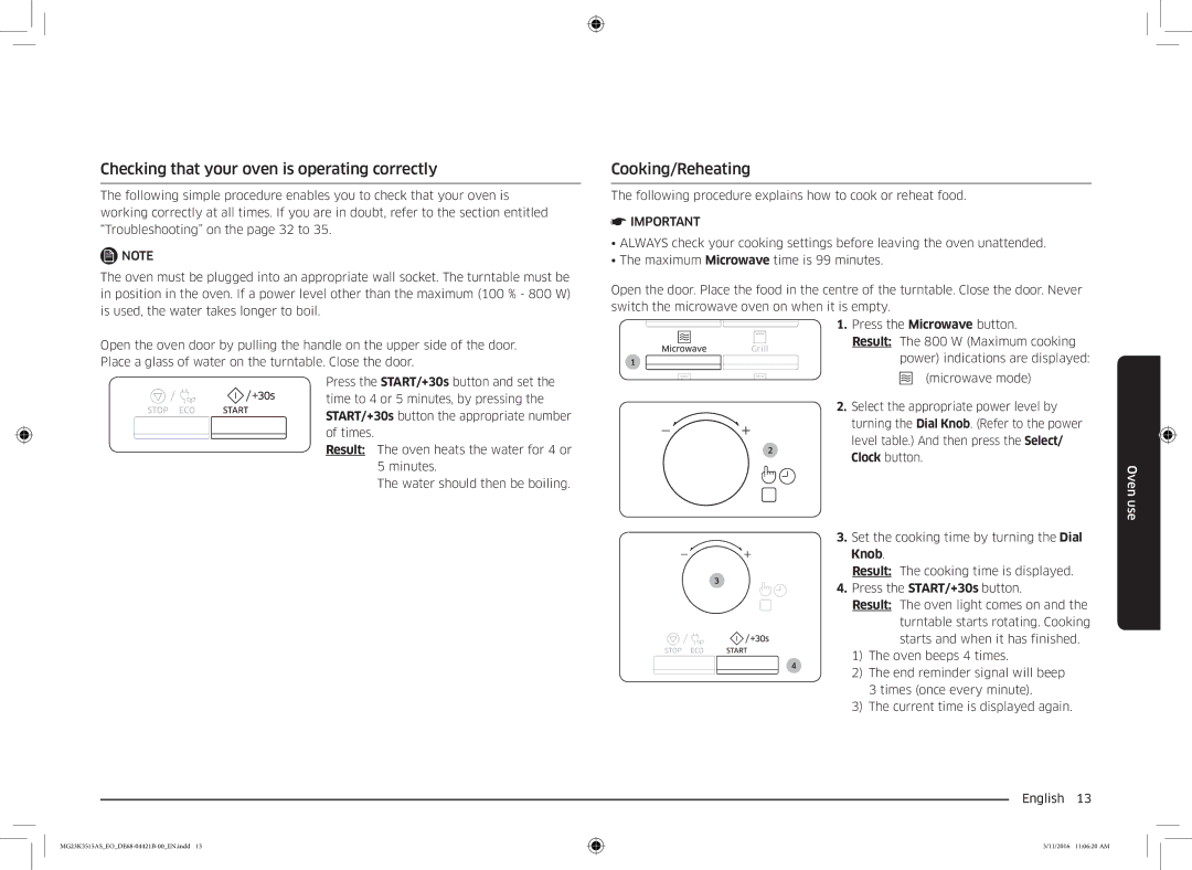 Samsung MG23K3515AS/ET, MG23K3515AS/EG manual Checking that your oven is operating correctly, Cooking/Reheating, Knob 