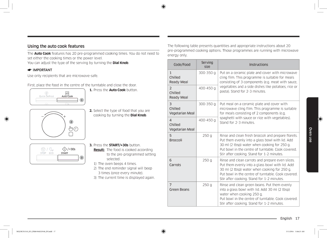 Samsung MG23K3515AS/EO, MG23K3515AS/EG, MG23K3515AS/ET manual Using the auto cook features 