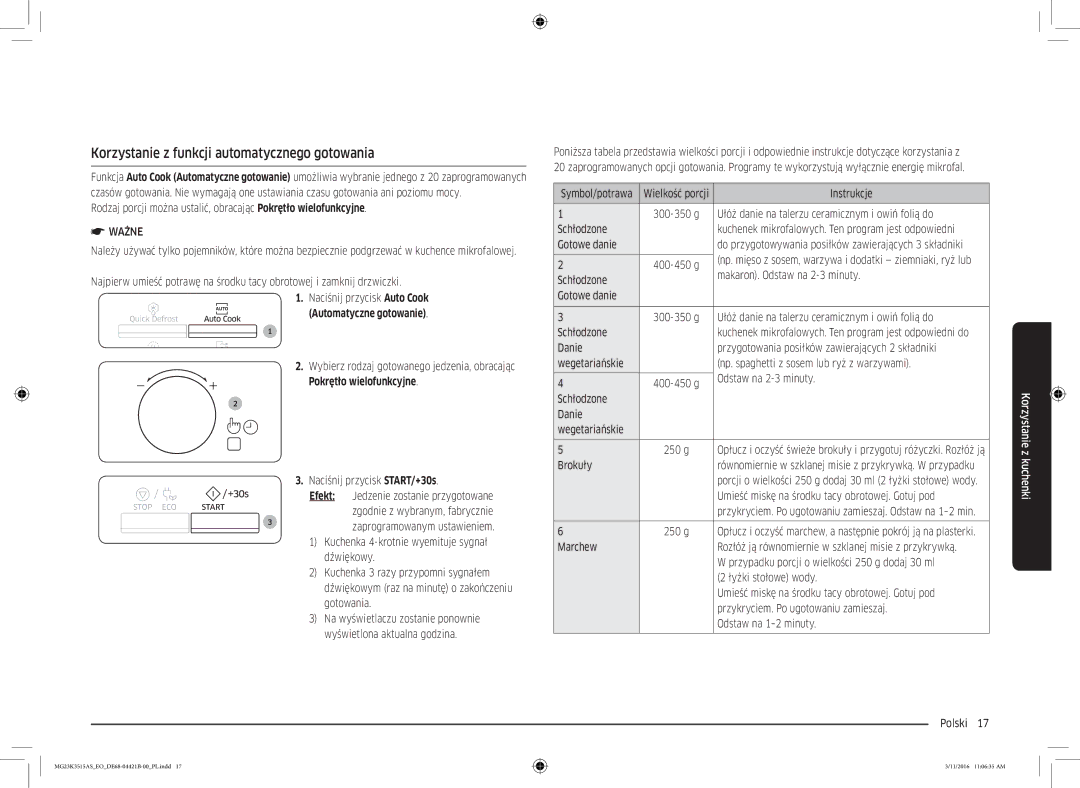 Samsung MG23K3515AS/EO, MG23K3515AS/EG manual Korzystanie z funkcji automatycznego gotowania, Automatyczne gotowanie 