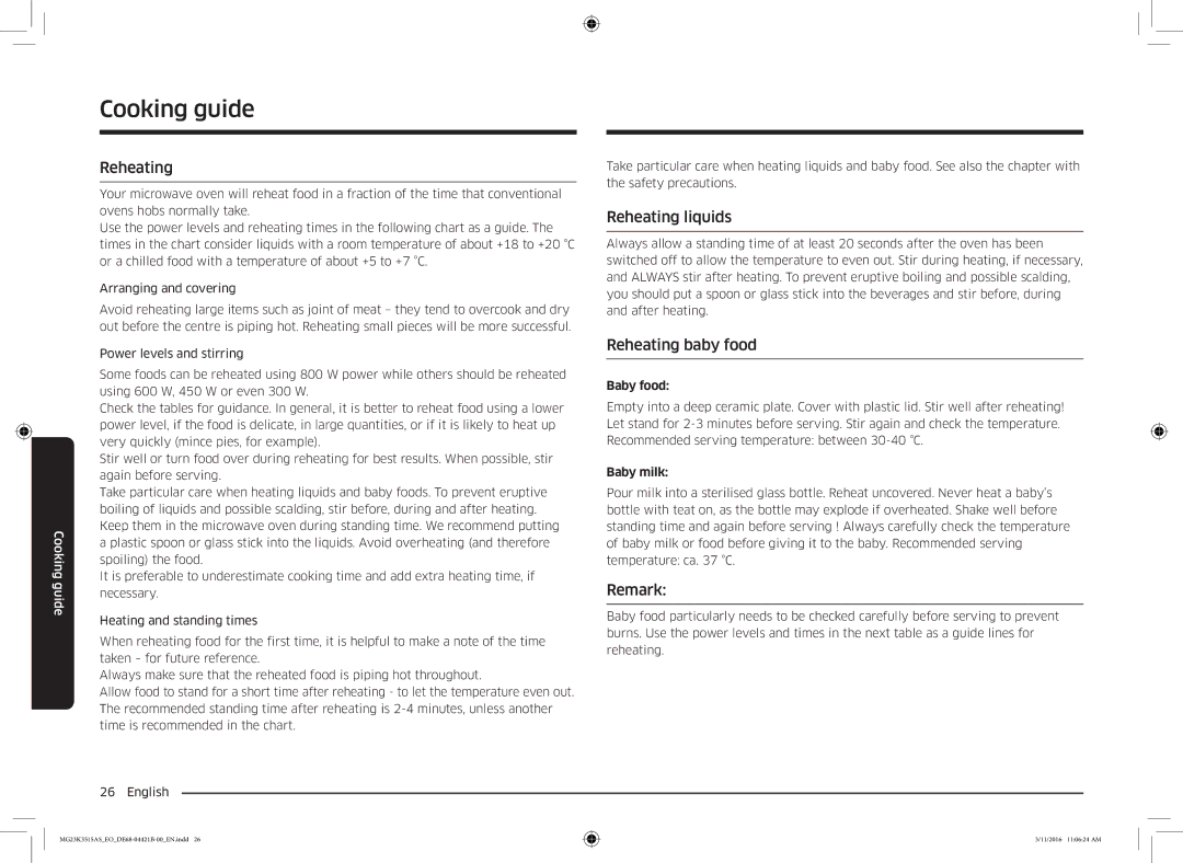 Samsung MG23K3515AS/EO, MG23K3515AS/EG, MG23K3515AS/ET manual Reheating liquids, Reheating baby food, Remark 