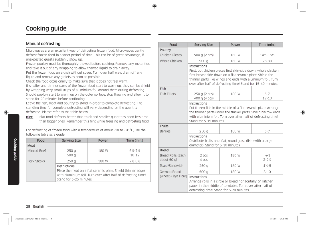 Samsung MG23K3515AS/ET, MG23K3515AS/EG, MG23K3515AS/EO manual Manual defrosting 