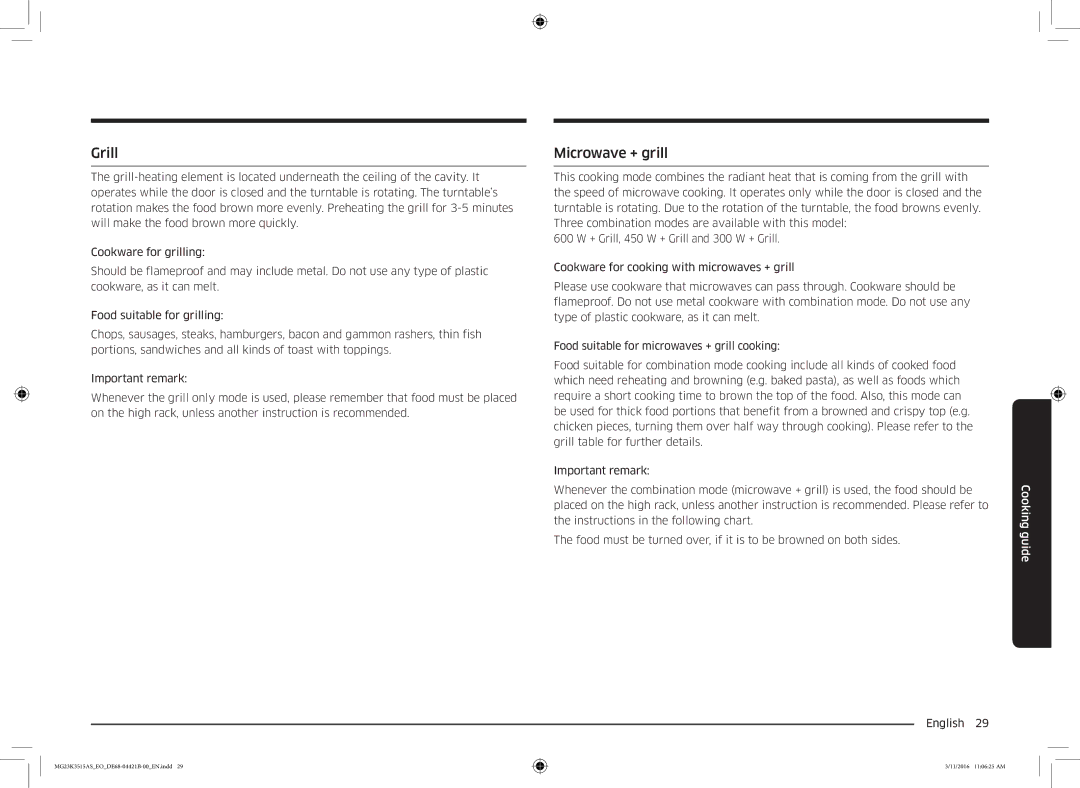 Samsung MG23K3515AS/EO, MG23K3515AS/EG, MG23K3515AS/ET manual Grill, Microwave + grill 