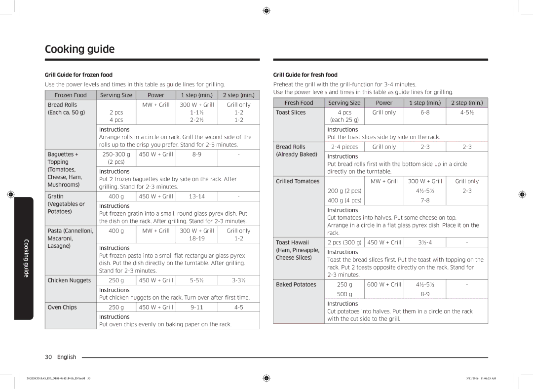 Samsung MG23K3515AS/EG, MG23K3515AS/ET, MG23K3515AS/EO manual Grill Guide for frozen food, Grill Guide for fresh food 