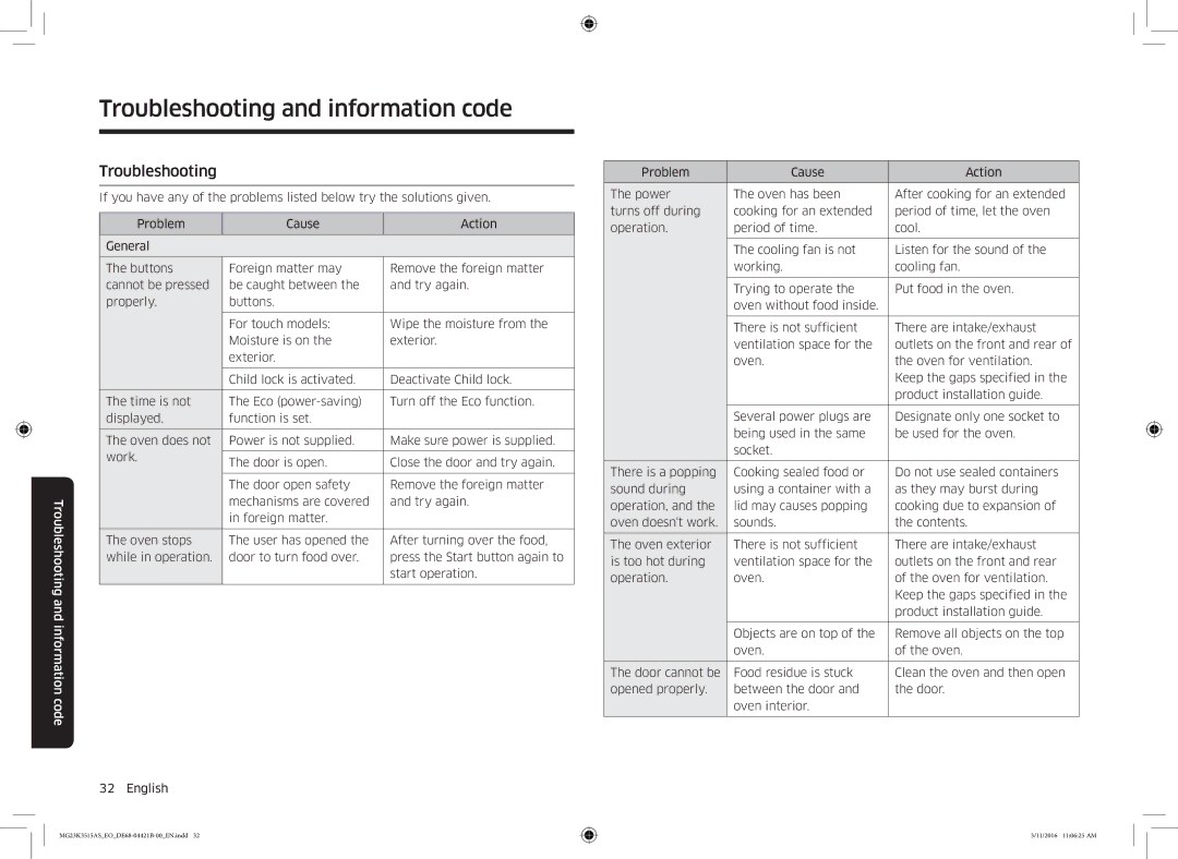 Samsung MG23K3515AS/EO, MG23K3515AS/EG, MG23K3515AS/ET manual Troubleshooting and information code 