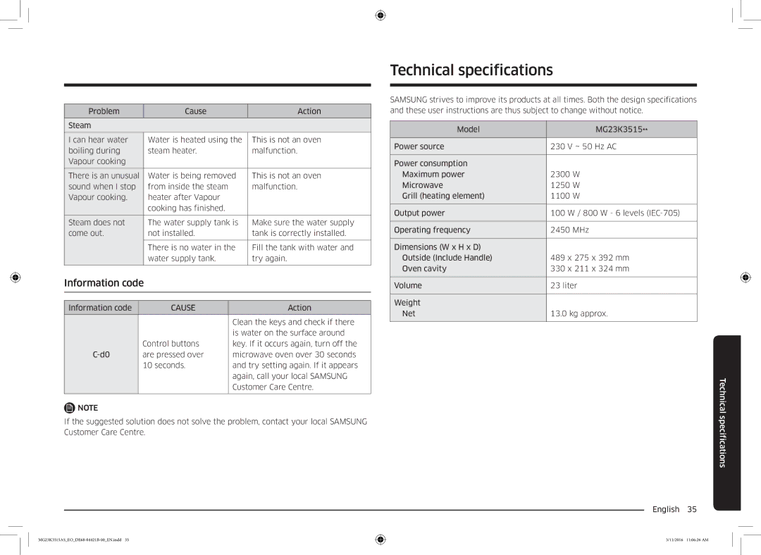 Samsung MG23K3515AS/EO manual Technical specifications, Information code, Cause, Clean the keys and check if there 