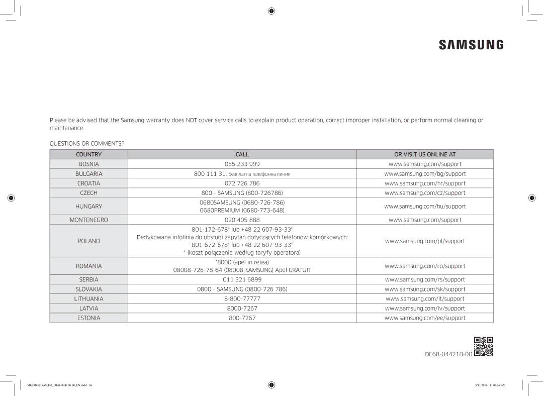 Samsung MG23K3515AS/EG, MG23K3515AS/ET manual Czech, Hungary, Montenegro, Poland, Romania, Serbia, Lithuania, Estonia 