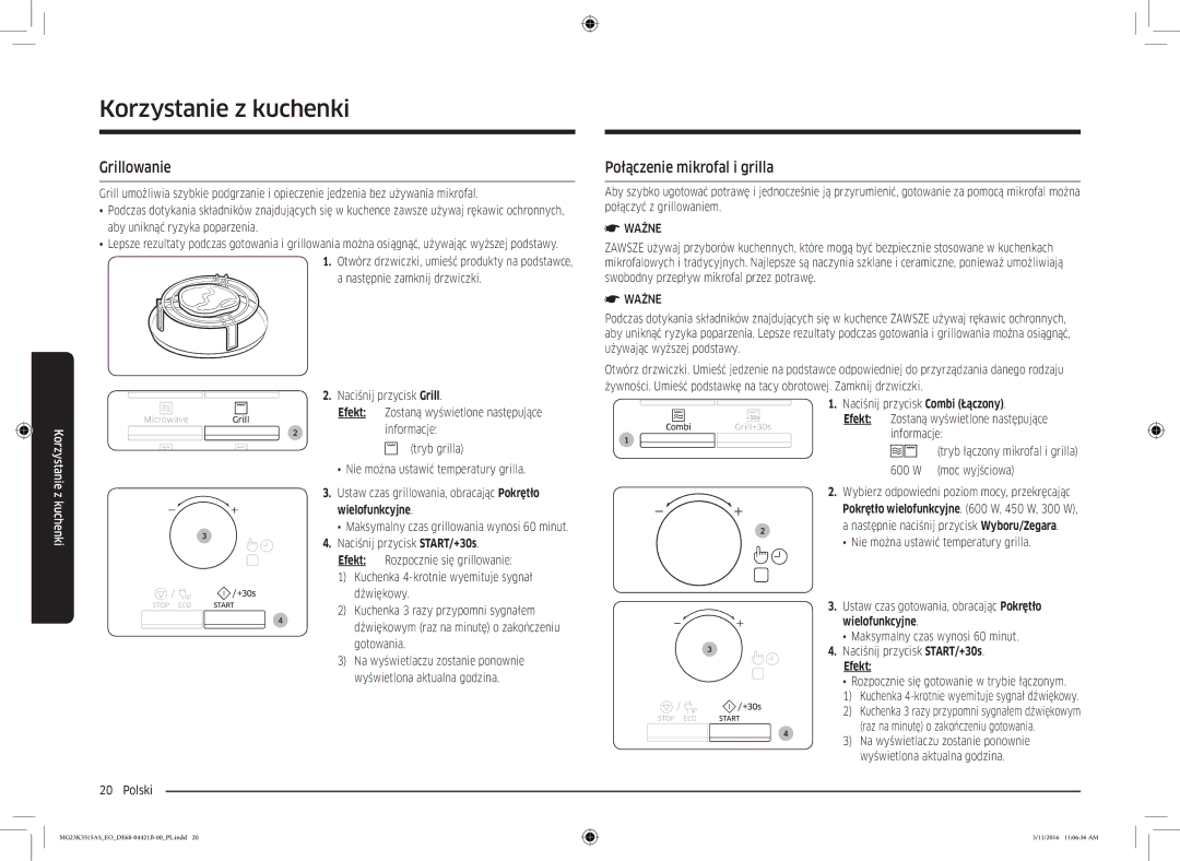 Samsung MG23K3515AS/EO manual Grillowanie, Połączenie mikrofal i grilla, Wielofunkcyjne, Naciśnij przycisk START/+30s 