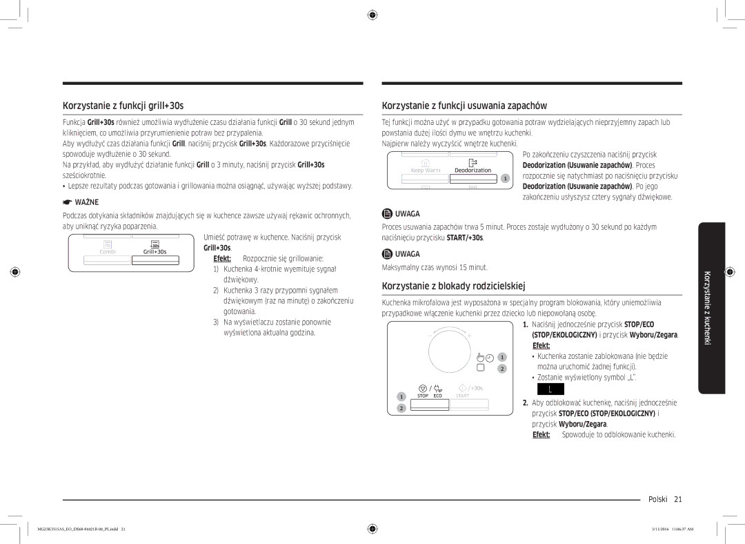 Samsung MG23K3515AS/EG, MG23K3515AS/ET Korzystanie z funkcji grill+30s, Korzystanie z funkcji usuwania zapachów, Grill+30s 