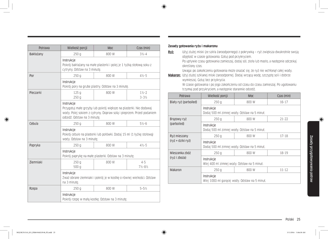 Samsung MG23K3515AS/ET, MG23K3515AS/EG, MG23K3515AS/EO manual Zasady gotowania ryżu i makaronu 