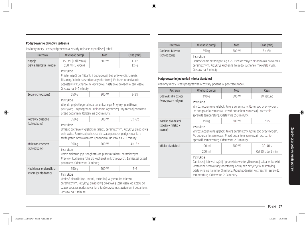 Samsung MG23K3515AS/EG, MG23K3515AS/ET manual Podgrzewanie płynów i jedzenia, Podgrzewanie jedzenia i mleka dla dzieci 