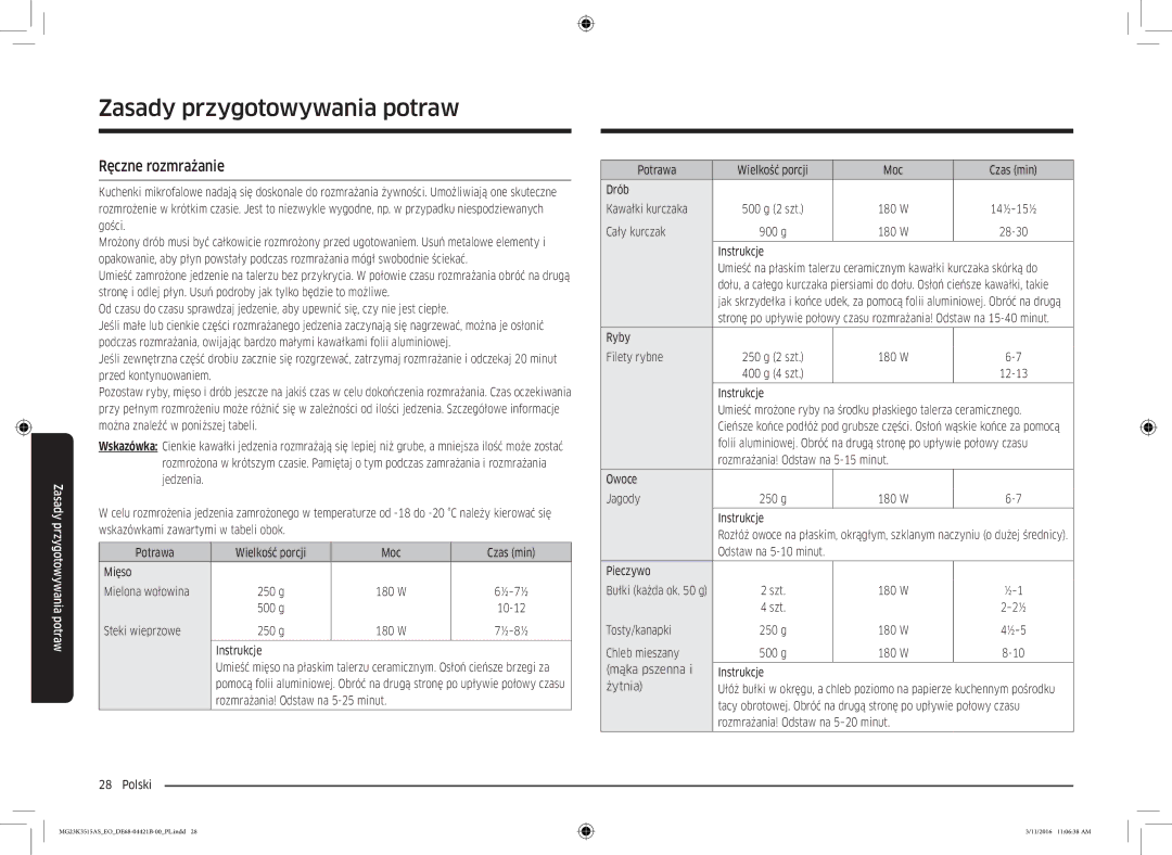 Samsung MG23K3515AS/ET, MG23K3515AS/EG, MG23K3515AS/EO manual Ręczne rozmrażanie 