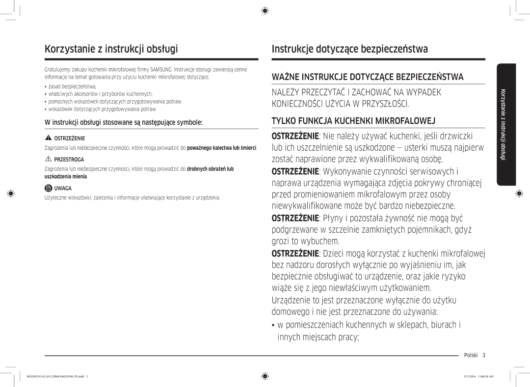 Samsung MG23K3515AS/EG, MG23K3515AS/ET manual Korzystanie z instrukcji obsługi, Instrukcje dotyczące bezpieczeństwa 