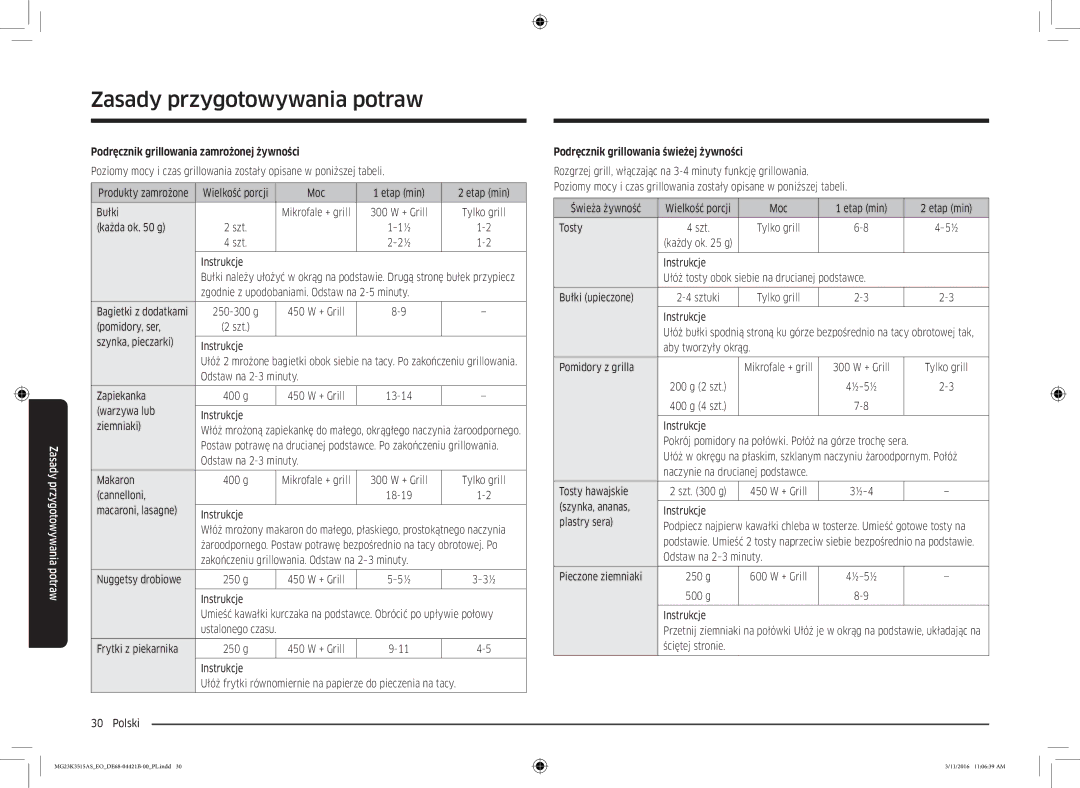 Samsung MG23K3515AS/EG, MG23K3515AS/ET Podręcznik grillowania zamrożonej żywności, Podręcznik grillowania świeżej żywności 