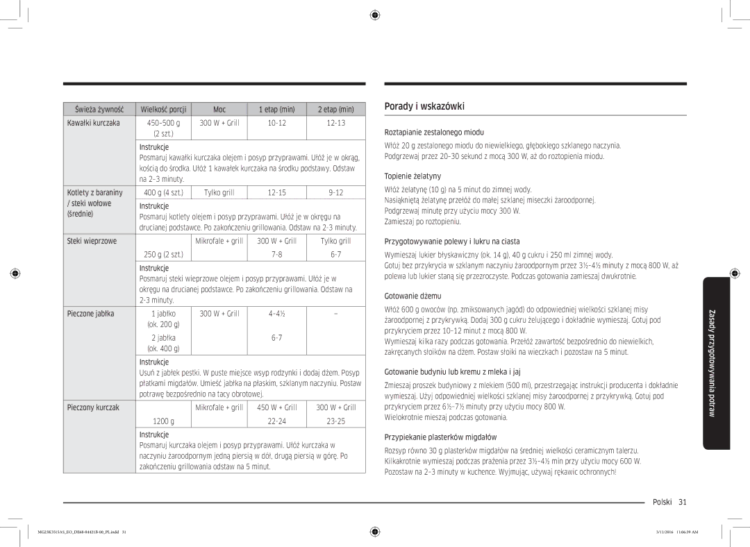 Samsung MG23K3515AS/ET, MG23K3515AS/EG, MG23K3515AS/EO manual Porady i wskazówki 