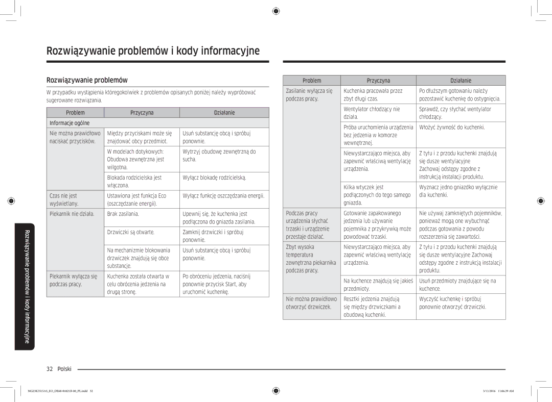 Samsung MG23K3515AS/EO, MG23K3515AS/EG, MG23K3515AS/ET manual Rozwiązywanie problemów i kody informacyjne 