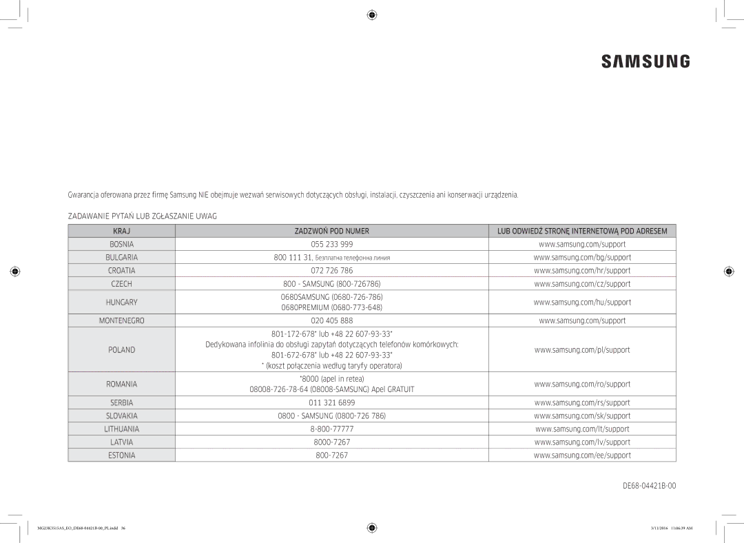 Samsung MG23K3515AS/EG, MG23K3515AS/ET, MG23K3515AS/EO manual Zadawanie Pytań LUB Zgłaszanie Uwag Kraj Zadzwoń POD Numer 