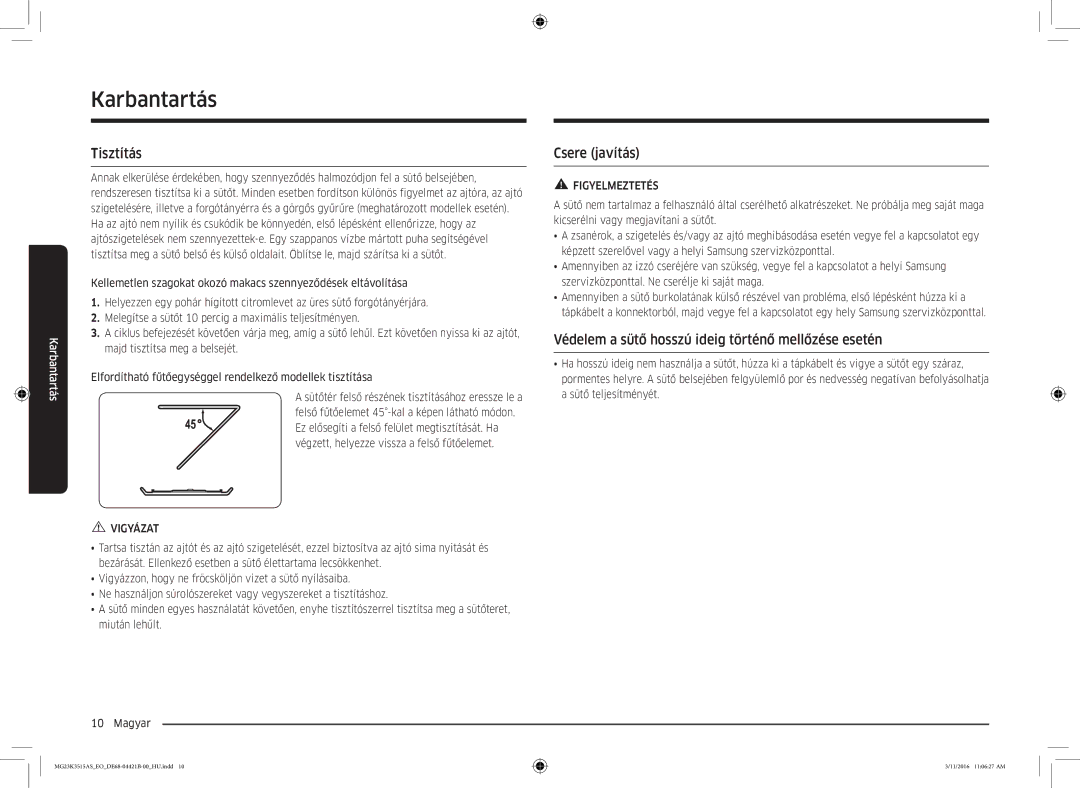 Samsung MG23K3515AS/ET manual Karbantartás, Tisztítás, Csere javítás, Védelem a sütő hosszú ideig történő mellőzése esetén 