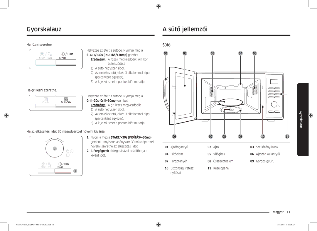 Samsung MG23K3515AS/EO manual Gyorskalauz, Sütő jellemzői, Nyomja meg a START/+30s INDÍTÁS/+30mp, 01 Ajtófogantyú 02 Ajtó 