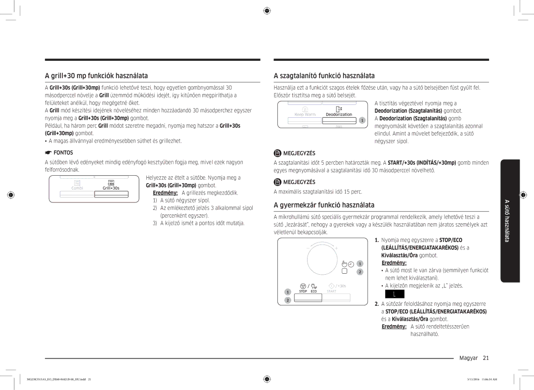 Samsung MG23K3515AS/EG Grill+30 mp funkciók használata, Szagtalanító funkció használata, Gyermekzár funkció használata 