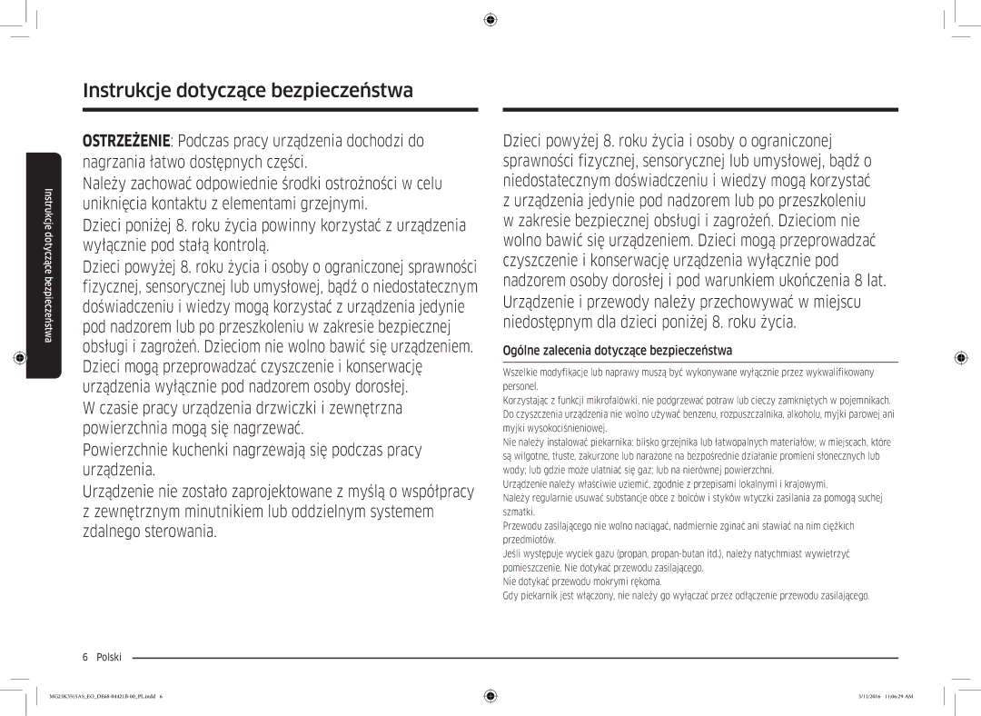 Samsung MG23K3515AS/EG, MG23K3515AS/ET, MG23K3515AS/EO manual Ogólne zalecenia dotyczące bezpieczeństwa 