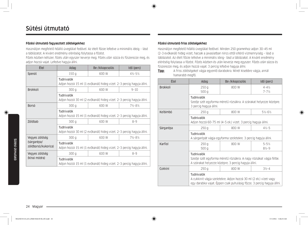 Samsung MG23K3515AS/EG, MG23K3515AS/ET manual Főzési útmutató fagyasztott zöldségekhez, Főzési útmutató friss zöldségekhez 