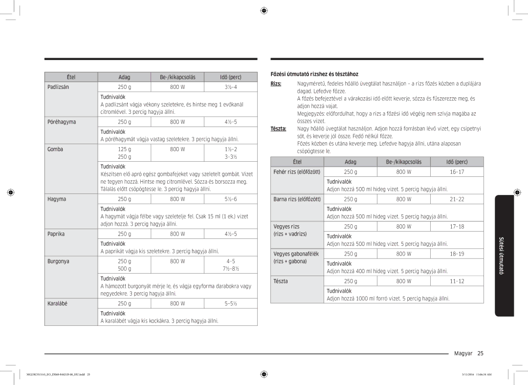 Samsung MG23K3515AS/ET, MG23K3515AS/EG, MG23K3515AS/EO manual Főzési útmutató rizshez és tésztához 