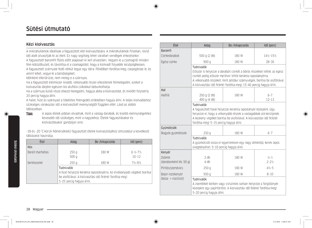 Samsung MG23K3515AS/ET, MG23K3515AS/EG, MG23K3515AS/EO manual Kézi kiolvasztás 