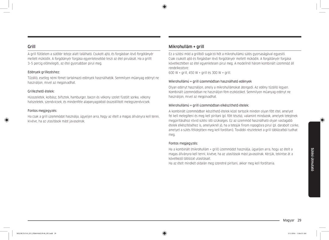 Samsung MG23K3515AS/EO, MG23K3515AS/EG, MG23K3515AS/ET manual Grill, Mikrohullám + grill 