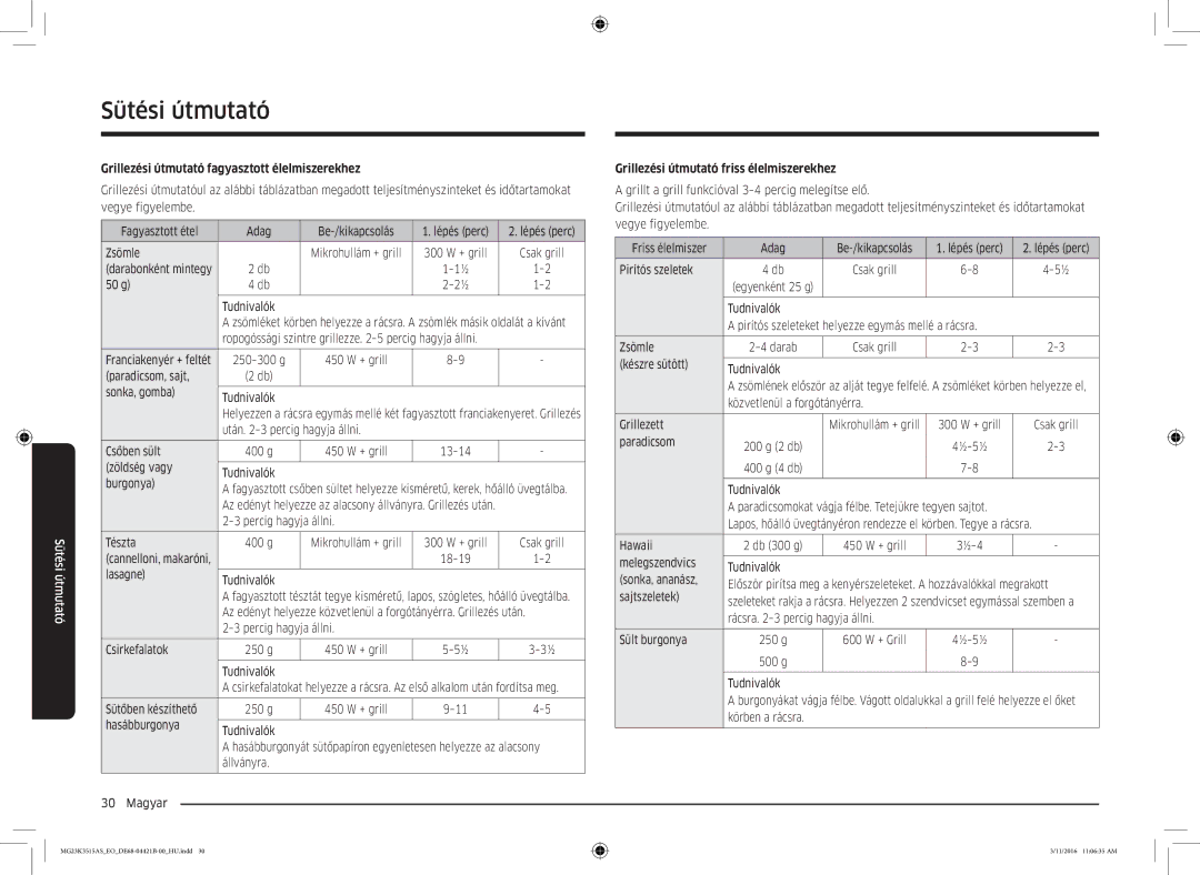 Samsung MG23K3515AS/EG manual Grillezési útmutató fagyasztott élelmiszerekhez, Grillezési útmutató friss élelmiszerekhez 