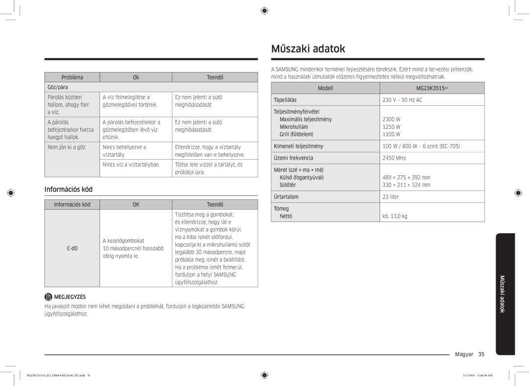 Samsung MG23K3515AS/EO, MG23K3515AS/EG, MG23K3515AS/ET manual Műszaki adatok, Információs kód 