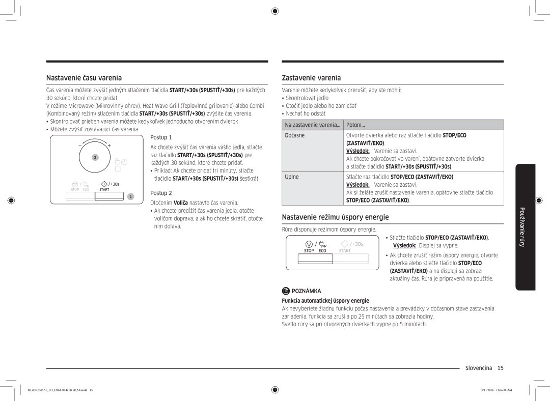 Samsung MG23K3515AS/EG, MG23K3515AS/ET manual Nastavenie času varenia, Zastavenie varenia, Nastavenie režimu úspory energie 