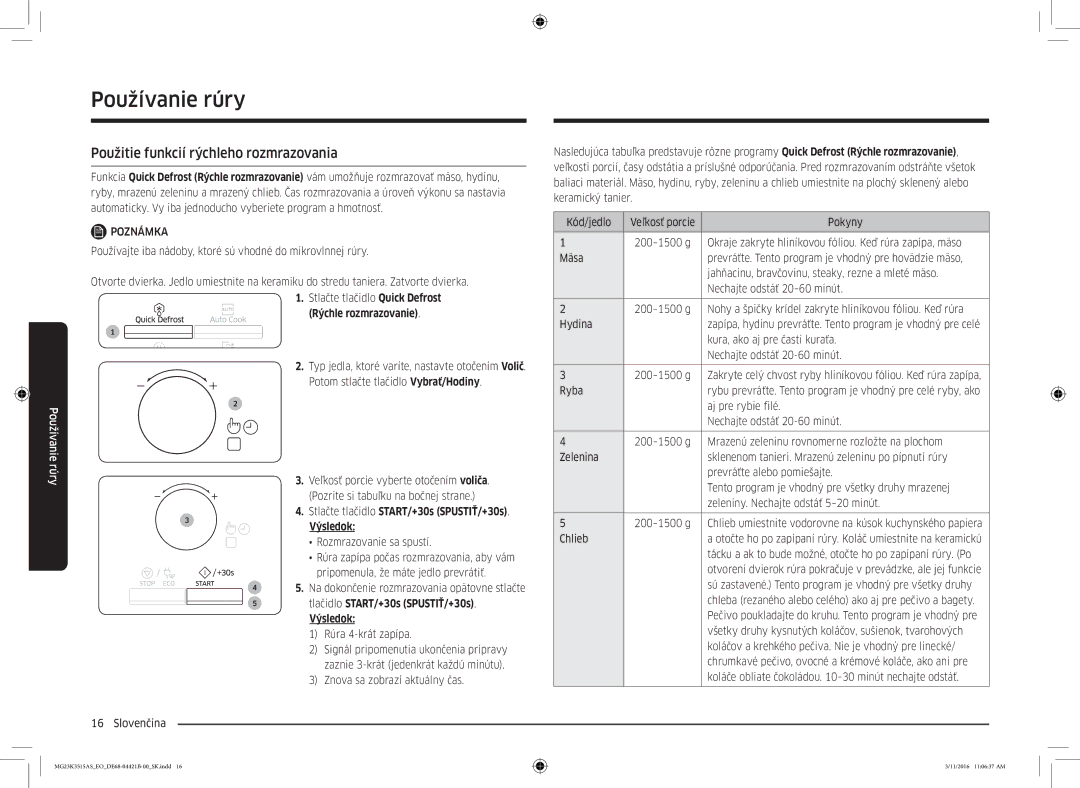 Samsung MG23K3515AS/ET, MG23K3515AS/EG, MG23K3515AS/EO manual Použitie funkcií rýchleho rozmrazovania, Rýchle rozmrazovanie 