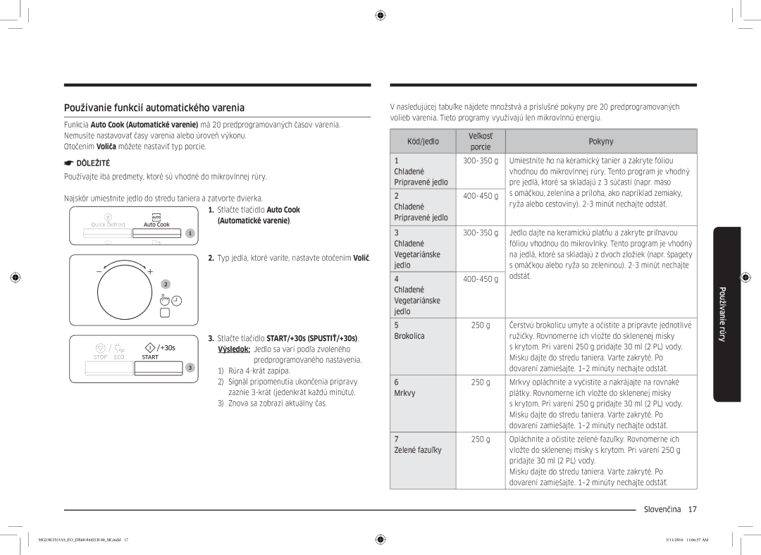 Samsung MG23K3515AS/EO, MG23K3515AS/EG, MG23K3515AS/ET manual Používanie funkcií automatického varenia, Automatické varenie 