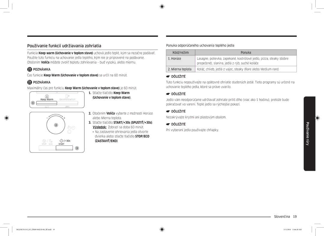 Samsung MG23K3515AS/ET manual Používanie funkcií udržiavania zohriatia, Prepečené, slanina, jedlá z rýb, suché koláče 