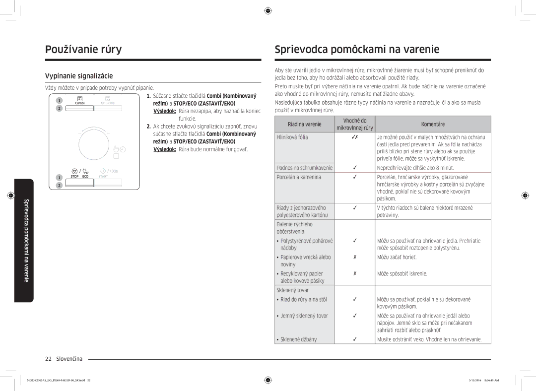 Samsung MG23K3515AS/ET manual Sprievodca pomôckami na varenie, Vypínanie signalizácie, Režim a STOP/ECO ZASTAVIŤ/EKO 